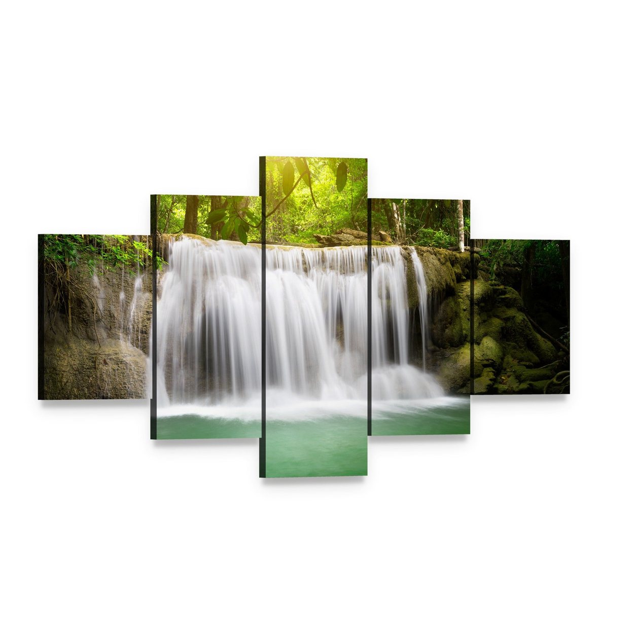 Waterfall in the Green Forest Canvas Wall Art, 5 panel 5 Star layout gallery wrapped canvas set, angled product view