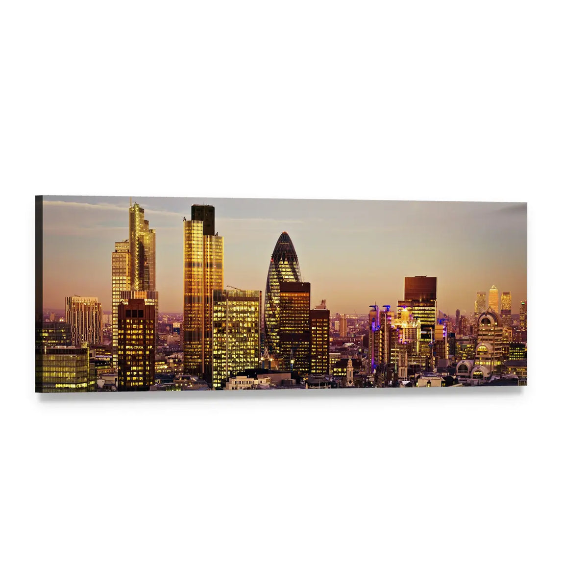 London Skyline at Dusk Panoramic Canvas Wall Art, single panel gallery wrapped canvas, angled product view
