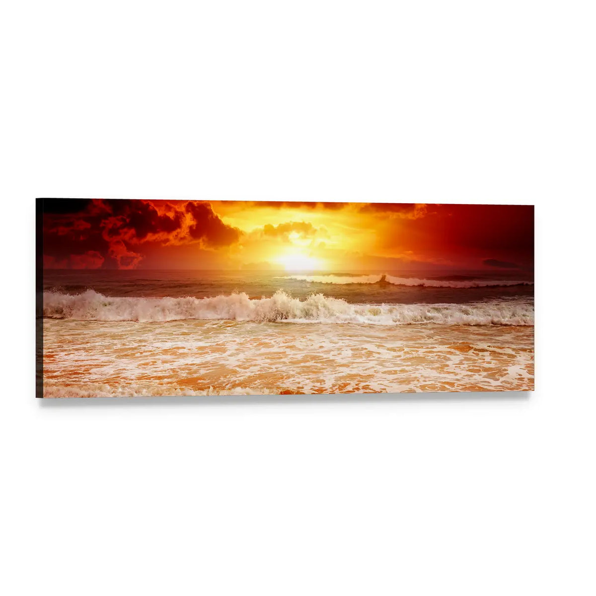 Sunset Above the Sea Panoramic Canvas Wall Art, single panel gallery wrapped canvas, angled product view