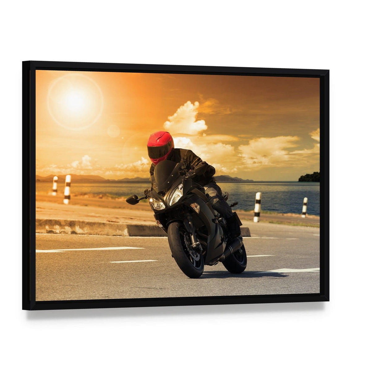 Rider with Rural Lake Canvas Wall Art, framed canvas in a black floater frame, angled product view