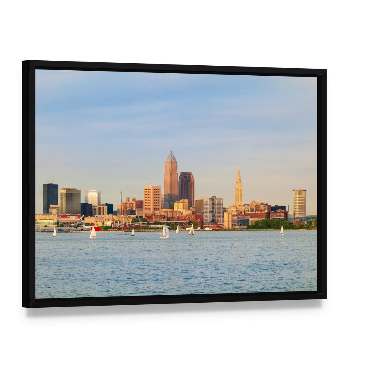 Lake Erie Skyline with Sailboats Canvas Wall Art, framed canvas in a black floater frame, angled product view