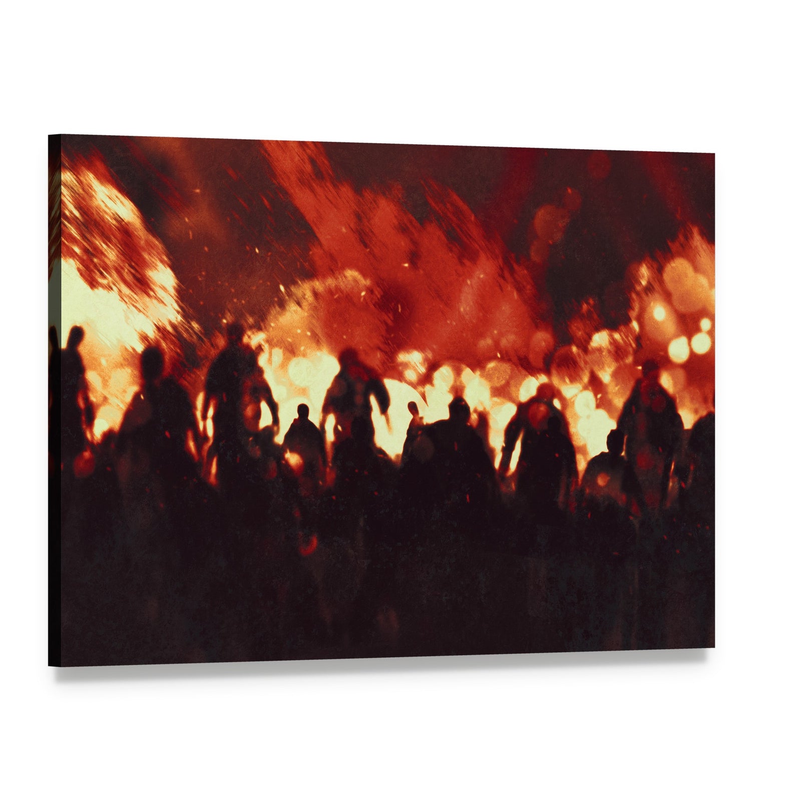 Zombies Walking Through Flames Canvas Wall Art, single panel gallery wrapped canvas, angled product view
