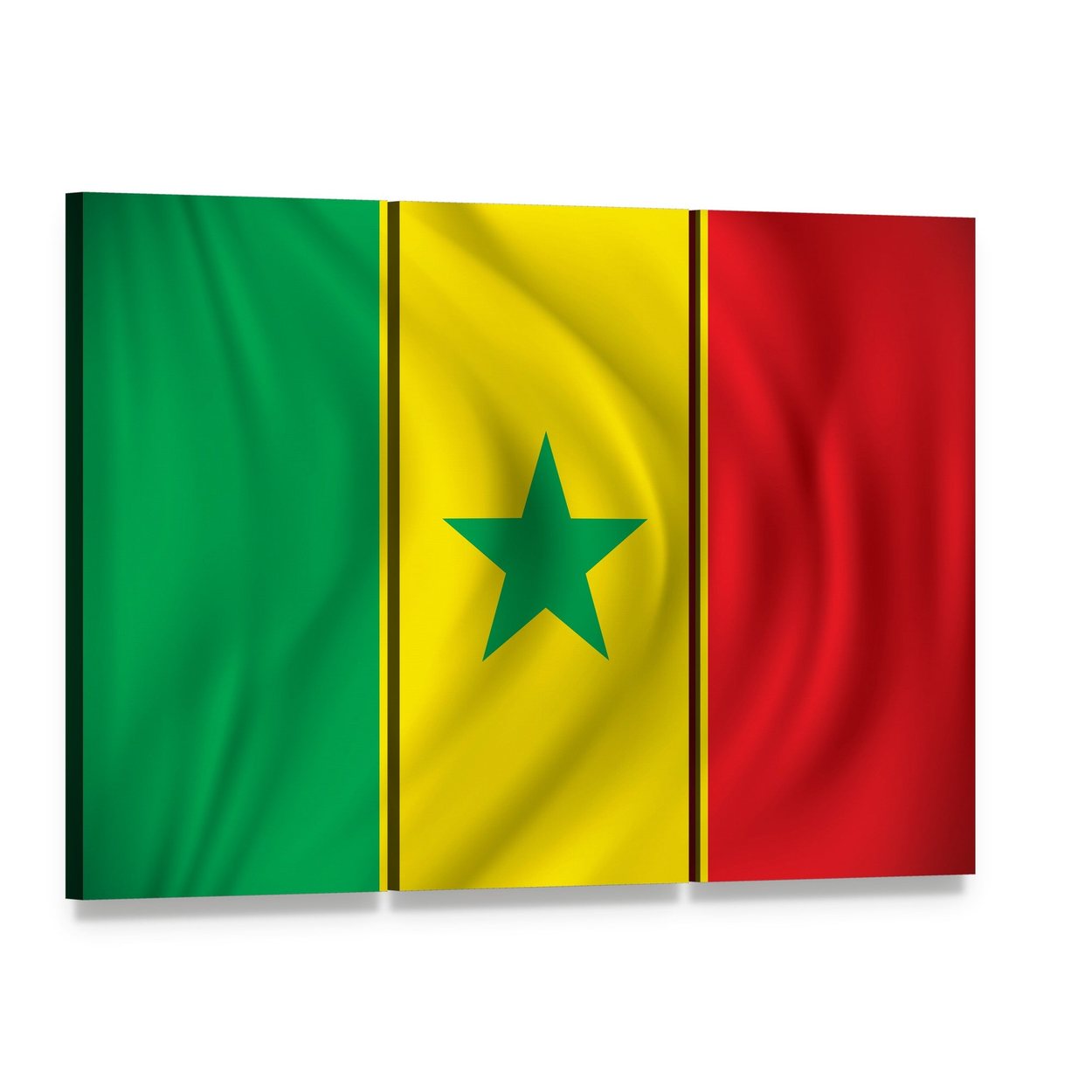 Senegal Flag with Central Green Star Canvas Wall Art, 3 panel 3 Horizontal layout gallery wrapped canvas set, angled product view