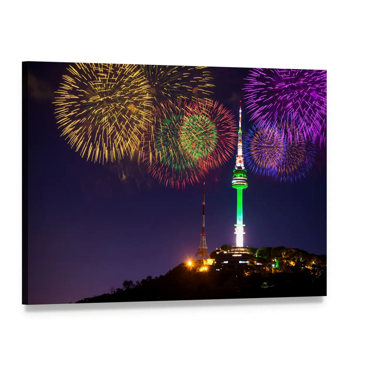 Seoul Tower with Fireworks Canvas Wall Art, single panel gallery wrapped canvas, angled product view