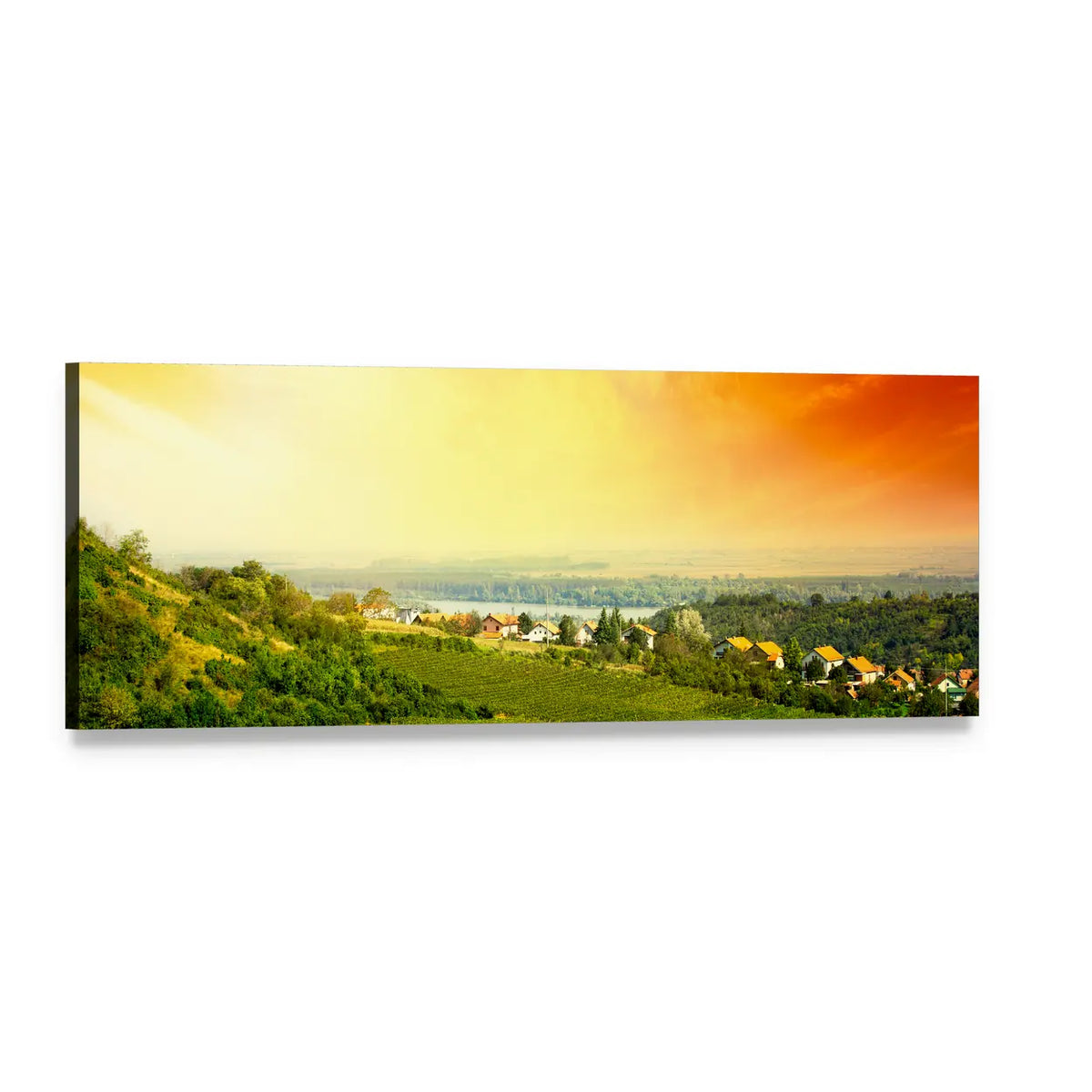 Sunset Over Vineyard and Rolling Hills Panoramic Canvas Wall Art, single panel gallery wrapped canvas, angled product view