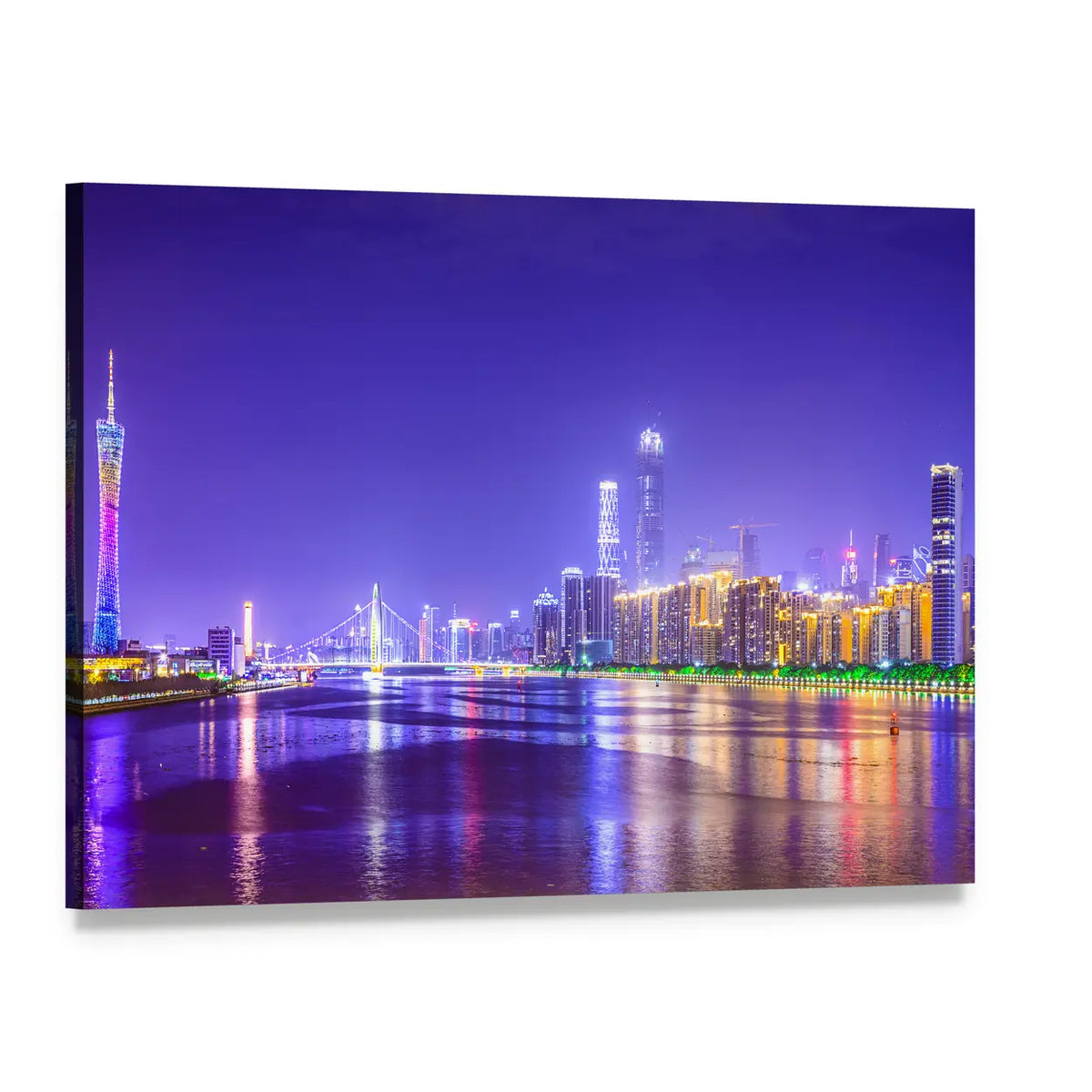 Guangzhou Skyline Over Pearl River Canvas Wall Art, single panel gallery wrapped canvas, angled product view