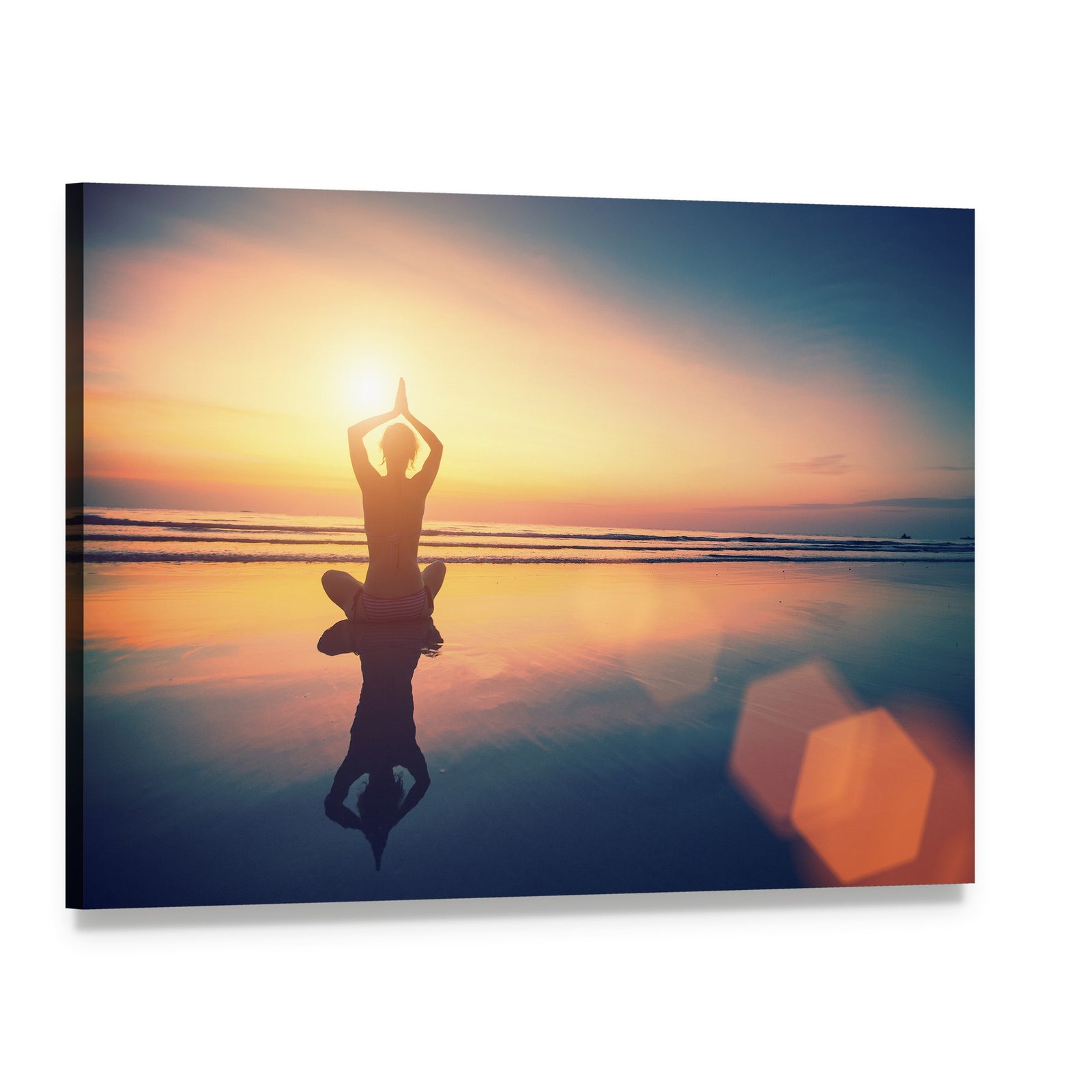 Yoga Woman Sitting in Lotus Pose on the Beach Canvas Wall Art, single panel gallery wrapped canvas, angled product view