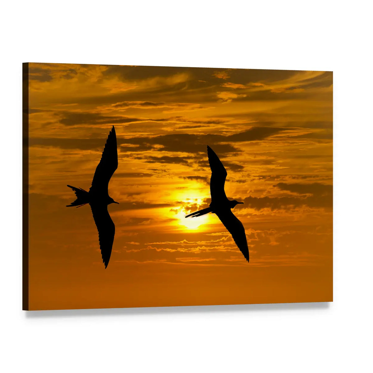 Two Birds in Silhouette at Sunset Canvas Wall Art, single panel gallery wrapped canvas, angled product view