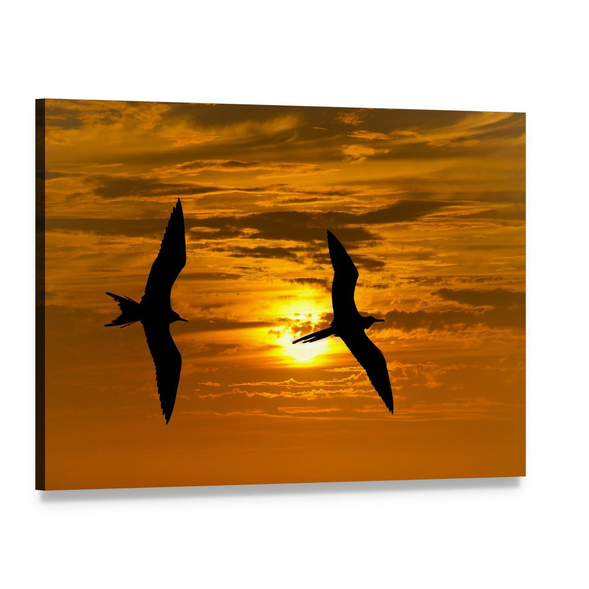 Two Birds Flying Silhouette at Sunset Canvas Wall Art, single panel gallery wrapped canvas, angled product view