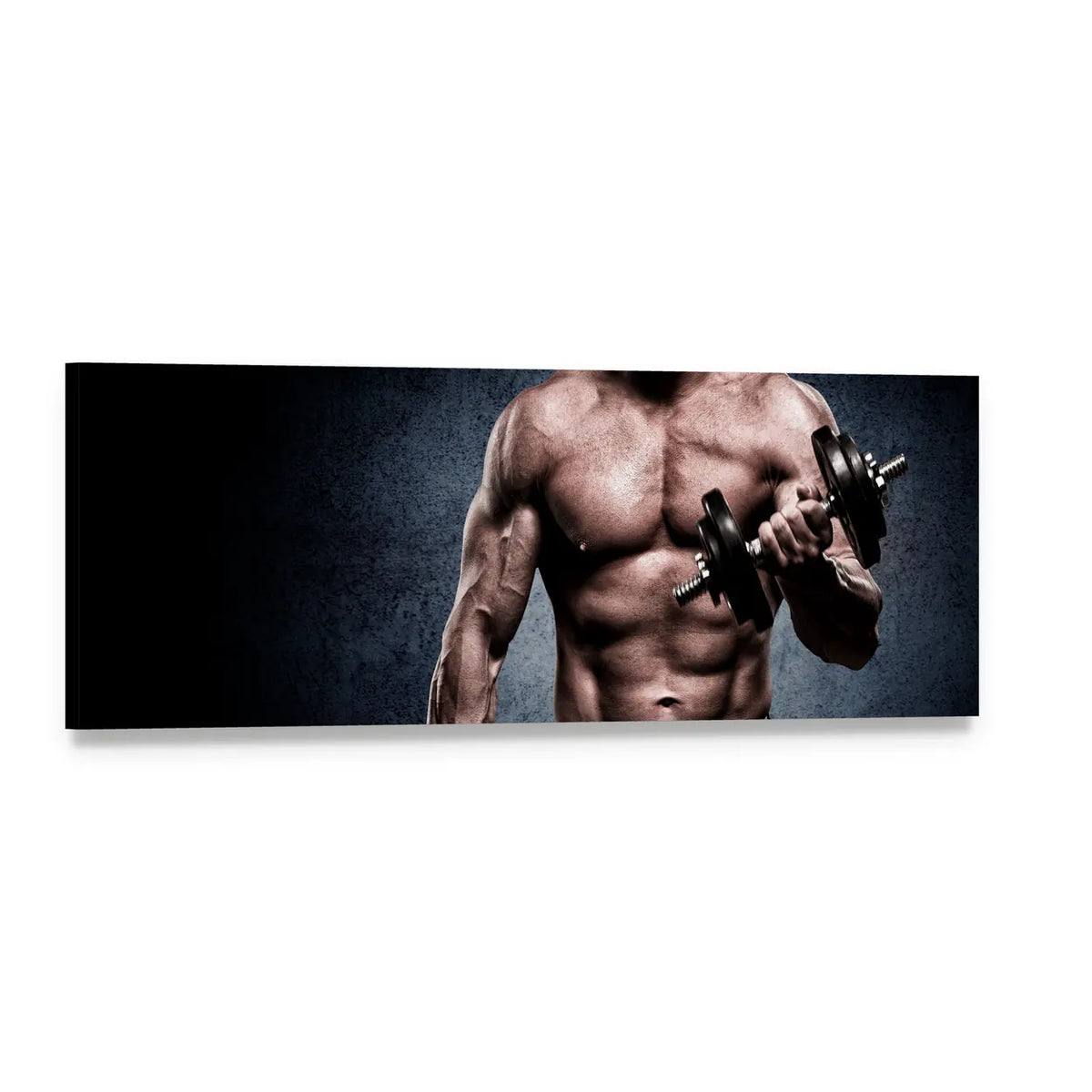Young Man Training Biceps Panoramic Canvas Wall Art, single panel gallery wrapped canvas, angled product view