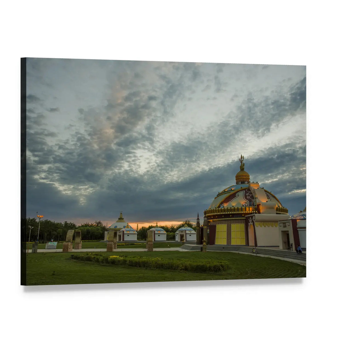 Mongolia Temple at Dusk Canvas Wall Art, single panel gallery wrapped canvas, angled product view