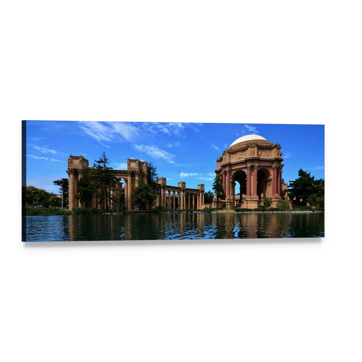 Palace of Fine Arts Rotunda with Water Reflection Panoramic Canvas Wall Art, single panel gallery wrapped canvas, angled product view