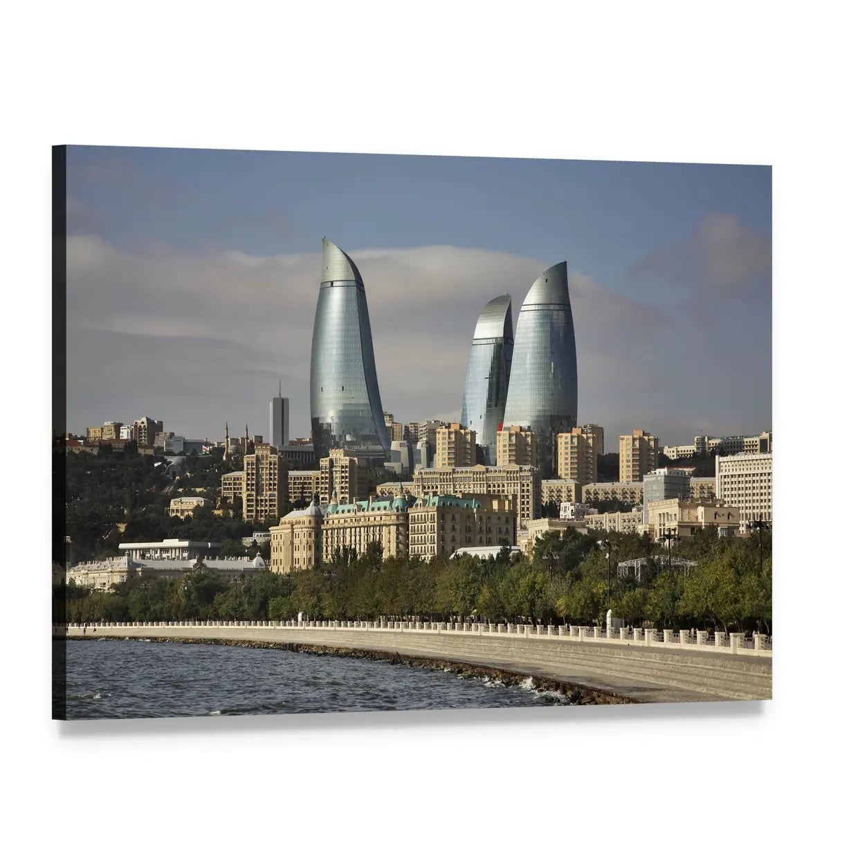 Baku Seafront with Flame Towers Canvas Wall Art, single panel gallery wrapped canvas, angled product view
