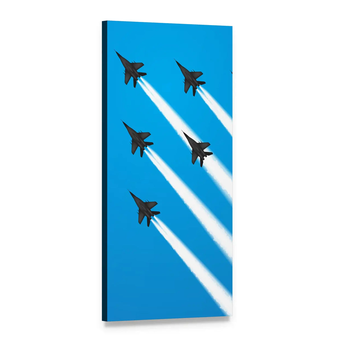 Five Fighter Jets in Formation Vertical Canvas Wall Art, 1 panel 1 Vertical layout gallery wrapped canvas set, angled product view