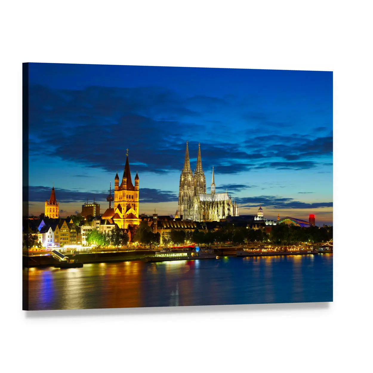Cologne Riverfront at Dusk Canvas Wall Art, single panel gallery wrapped canvas, angled product view