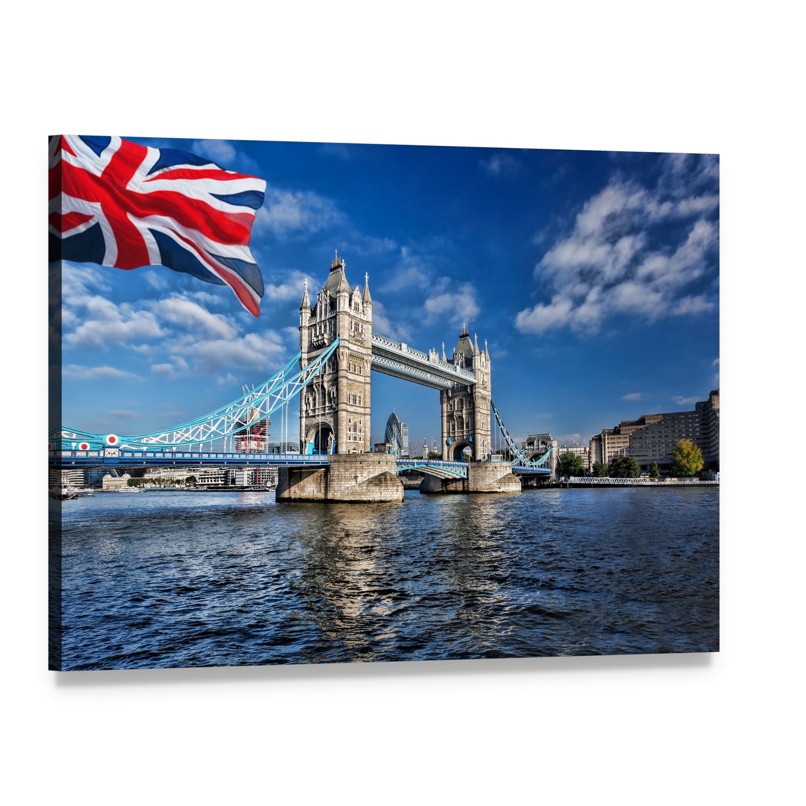 Tower Bridge with Union Jack Flag Canvas Wall Art, single panel gallery wrapped canvas, angled product view