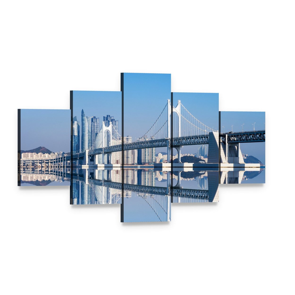 Gwangan Bridge Reflection Canvas Wall Art, 5 panel 5 Star layout gallery wrapped canvas set, angled product view