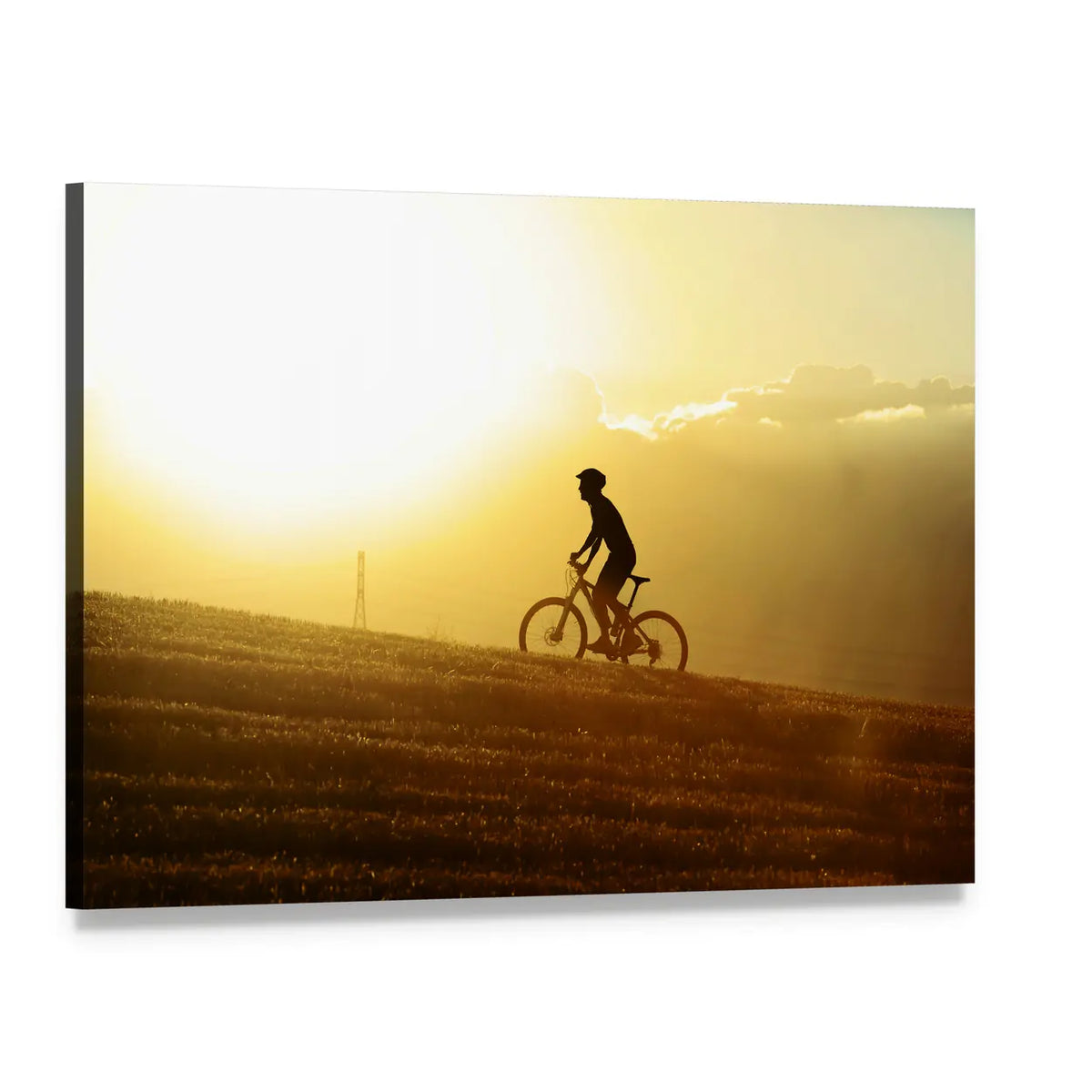 Cyclist Riding Uphill at Sunset Canvas Wall Art, single panel gallery wrapped canvas, angled product view