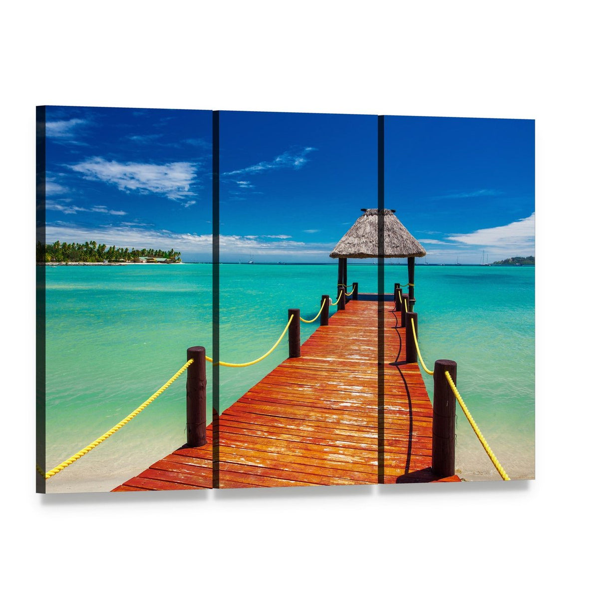 Red Wooden Jetty on Tropical Fiji Island Canvas Wall Art, 3 panel 3 Horizontal layout gallery wrapped canvas set, angled product view