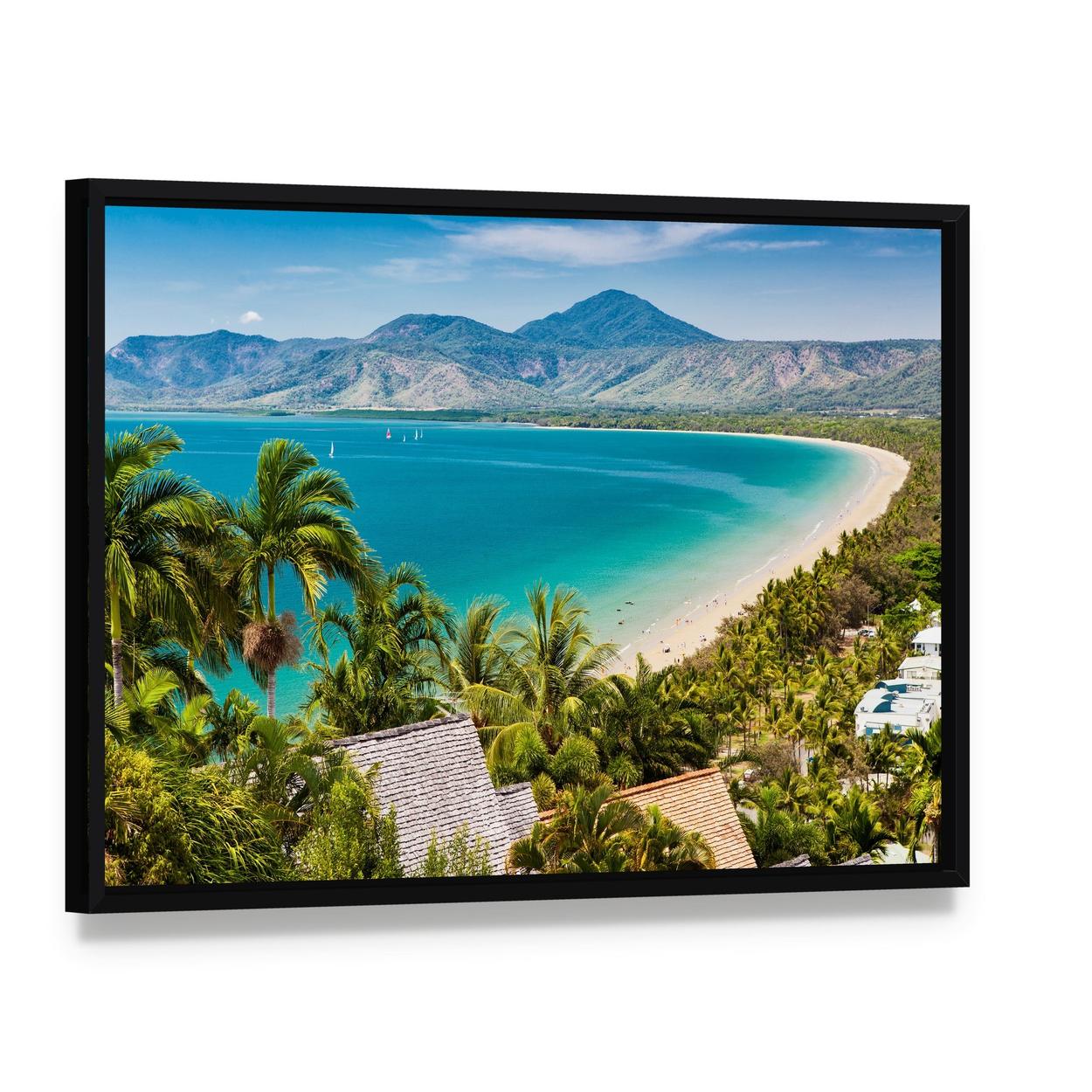 Tropical Beach Aerial with White Sand and Sailboats Canvas Wall Art, framed canvas in a black floater frame, angled product view