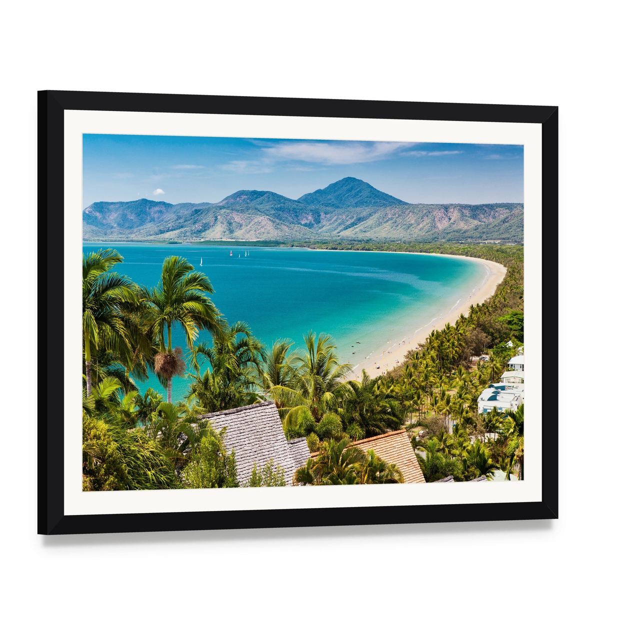 Tropical Beach Aerial with White Sand and Sailboats Canvas Wall Art, framed print with white mat and black frame, angled product view