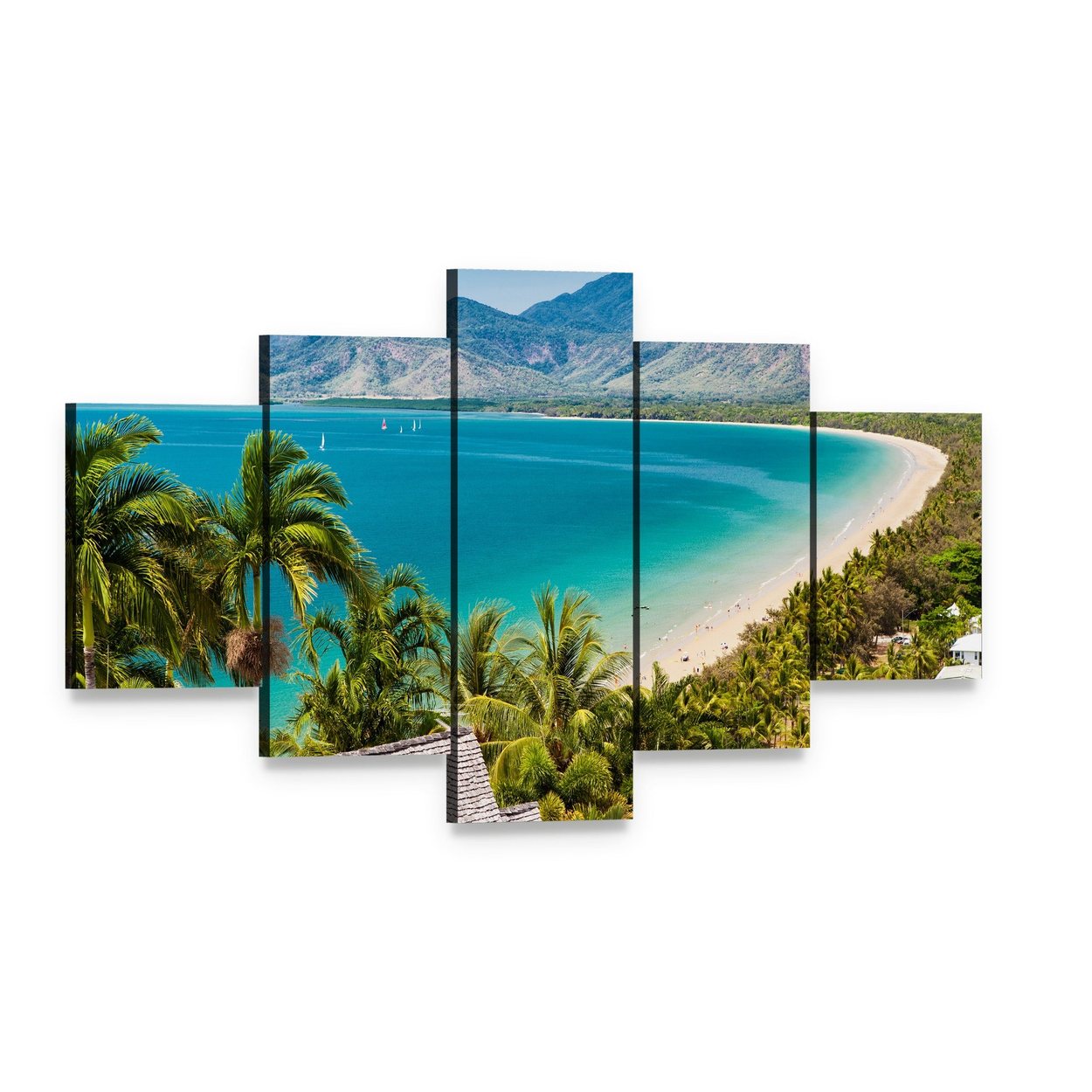 Tropical Beach Aerial with White Sand and Sailboats Canvas Wall Art, 5 panel 5 Star layout gallery wrapped canvas set, angled product view