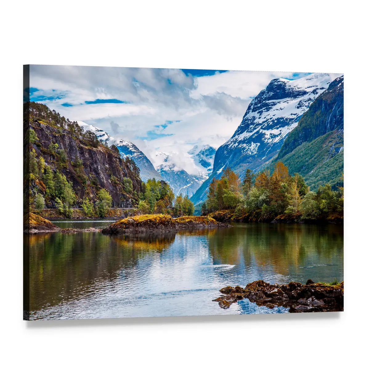 Norway Mountain Lake with Autumn Reflection Canvas Wall Art, single panel gallery wrapped canvas, angled product view