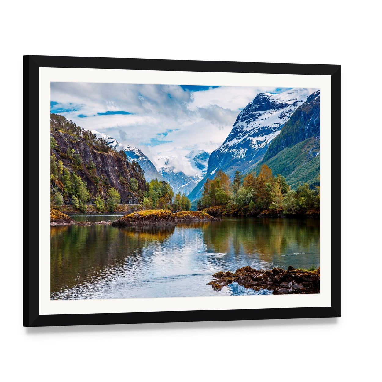 Norwegian Lake with Snow-capped Mountains Canvas Wall Art, framed print with white mat and black frame, angled product view