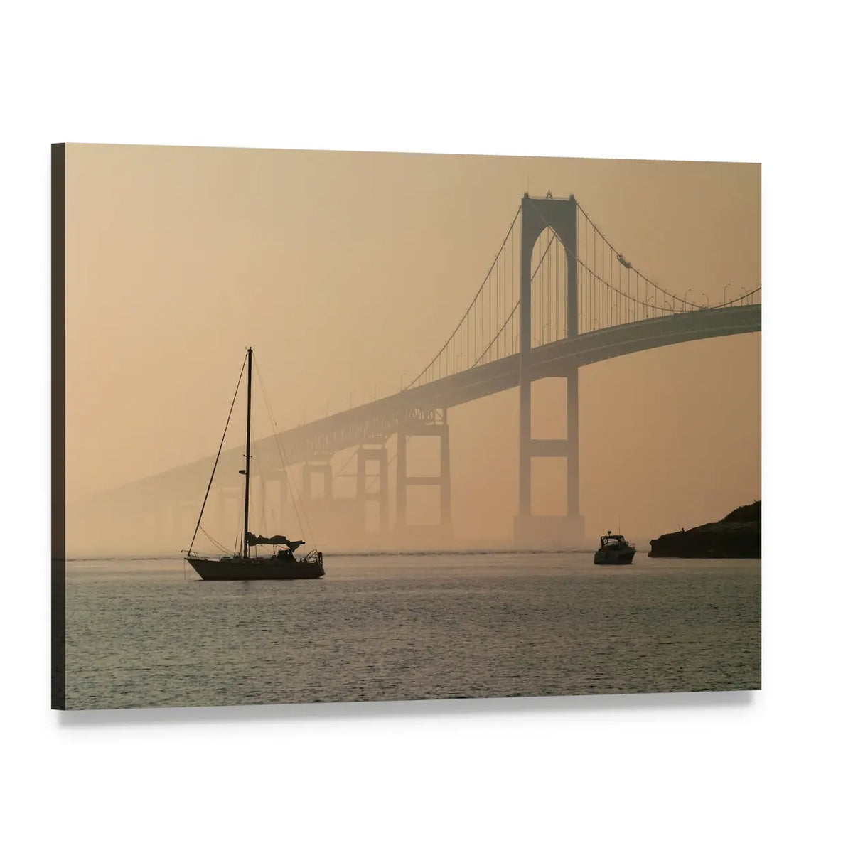 Hazy Suspension Bridge with Sailboat Canvas Wall Art, single panel gallery wrapped canvas, angled product view