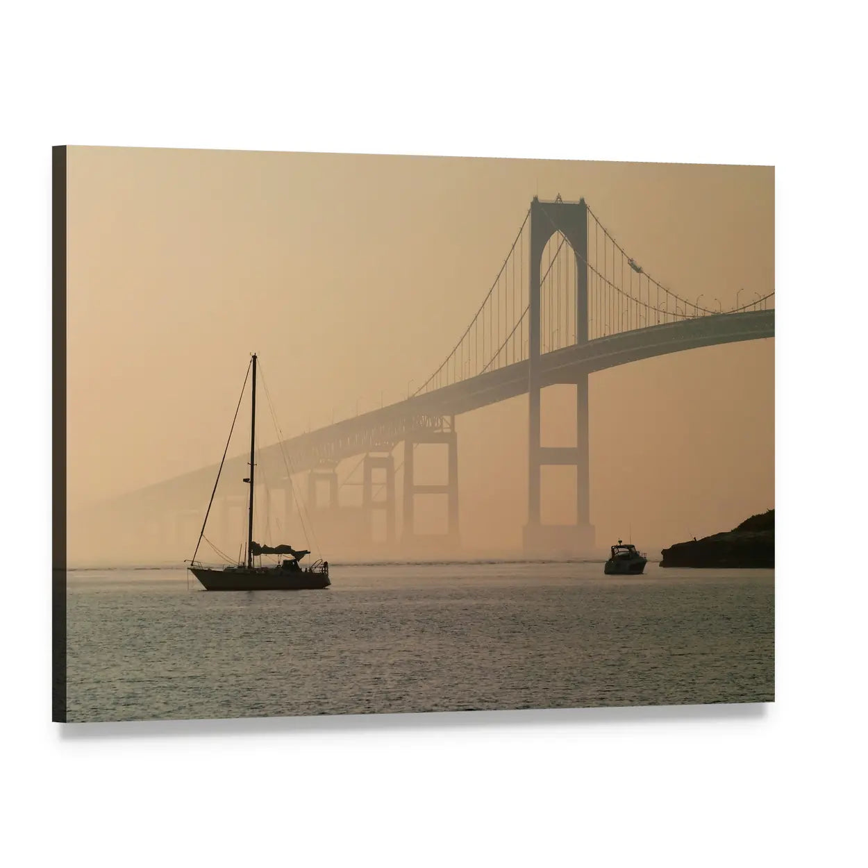 Hazy Suspension Bridge with Sailboat Canvas Wall Art, single panel gallery wrapped canvas, angled product view