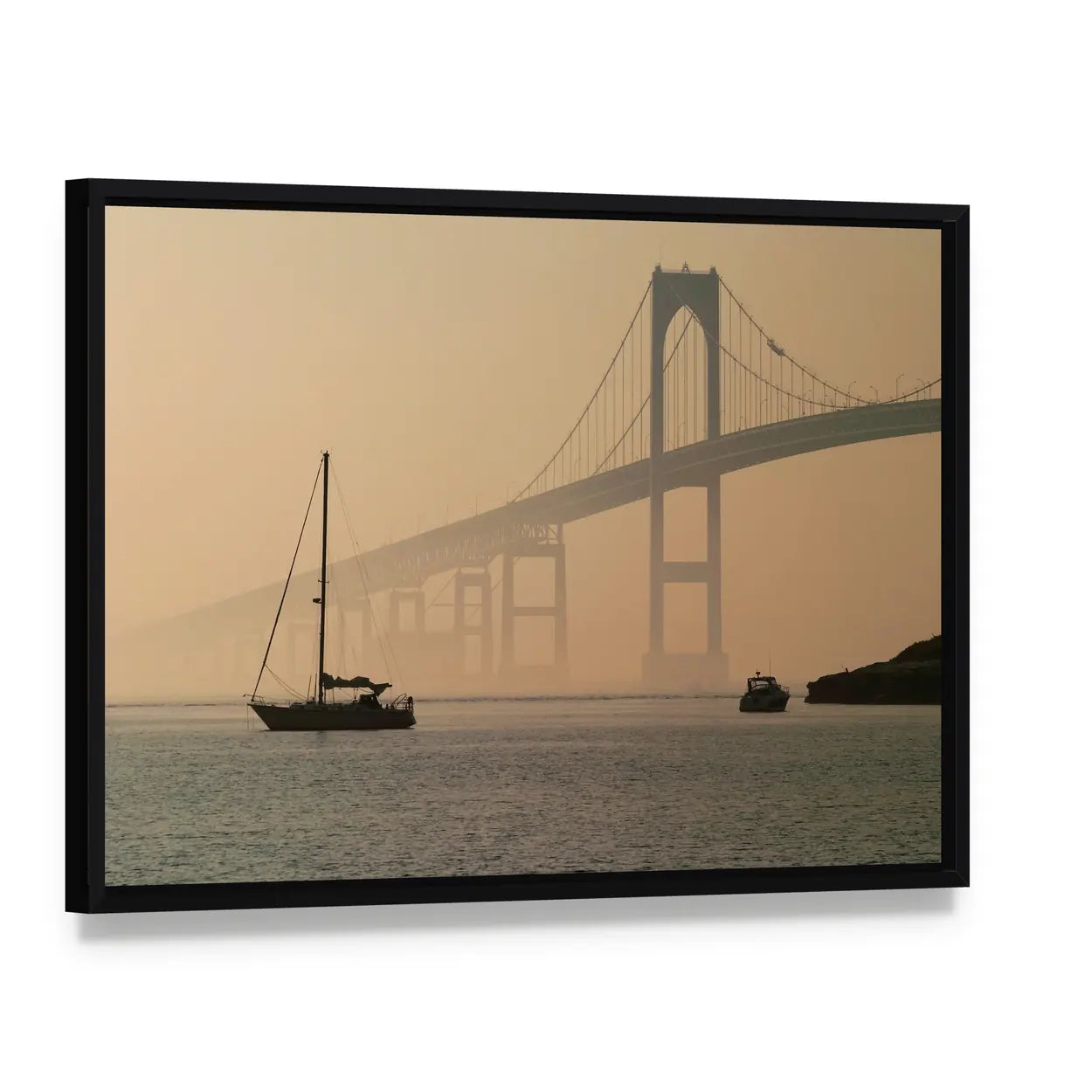 Hazy Suspension Bridge with Sailboat Canvas Wall Art, framed canvas in a black floater frame, angled product view