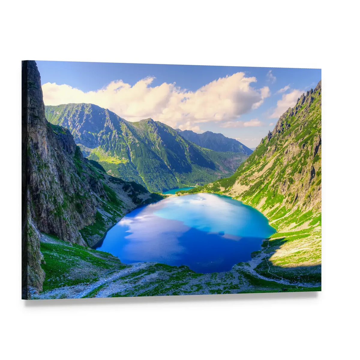 Vibrant Alpine Lake and Jagged Peaks Canvas Wall Art, single panel gallery wrapped canvas, angled product view