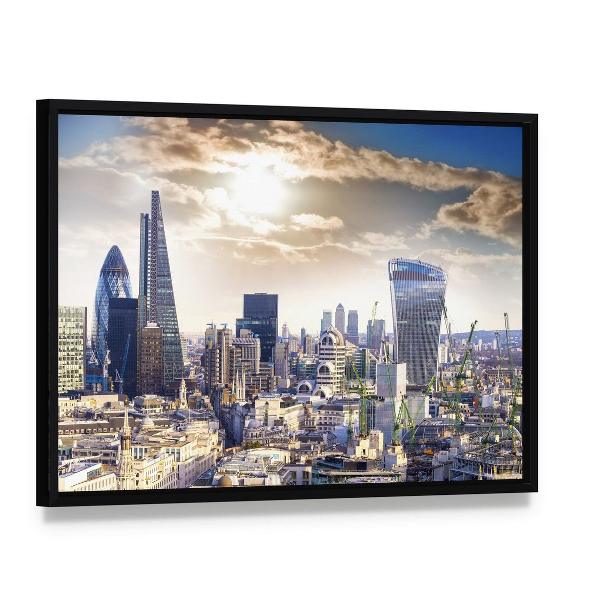 London Modern District Canvas Wall Art, framed canvas in a black floater frame, angled product view