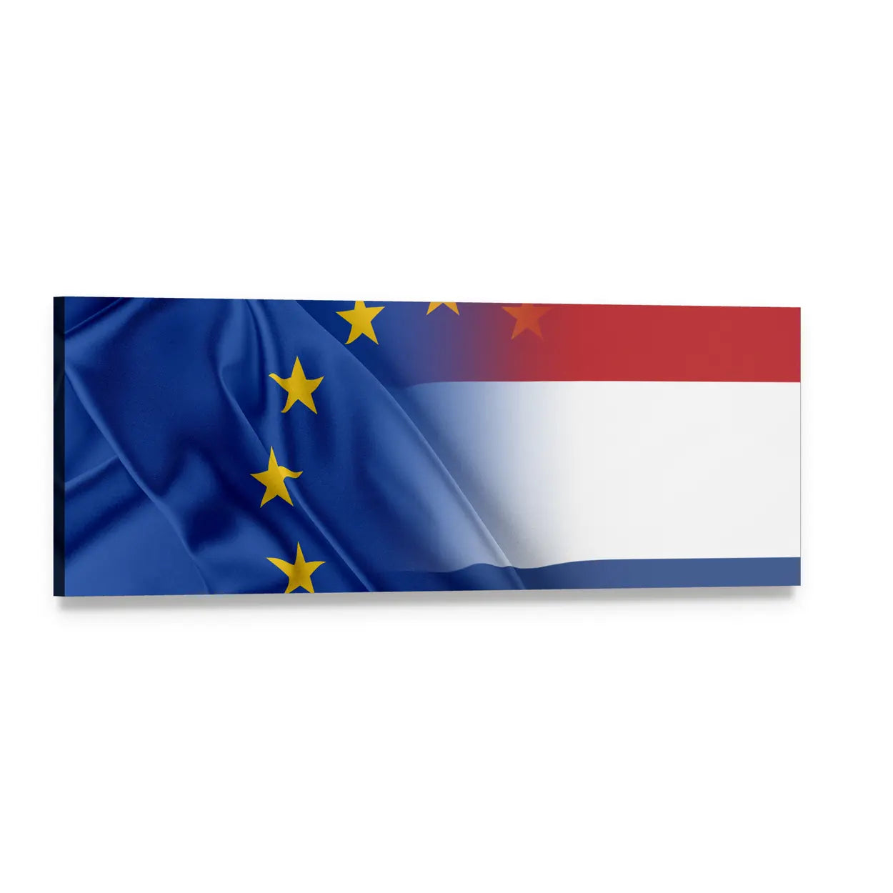 Draped European Union and Netherlands Flags Panoramic Canvas Wall Art, single panel gallery wrapped canvas, angled product view