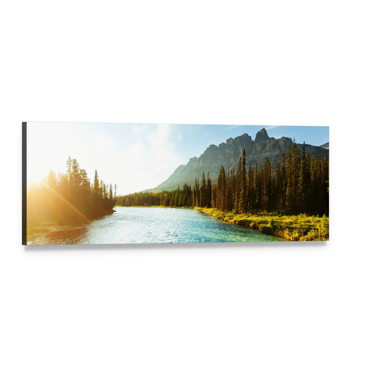 Castle Mountain at Golden Hour Over Turquoise River Panoramic Canvas Wall Art, single panel gallery wrapped canvas, angled product view