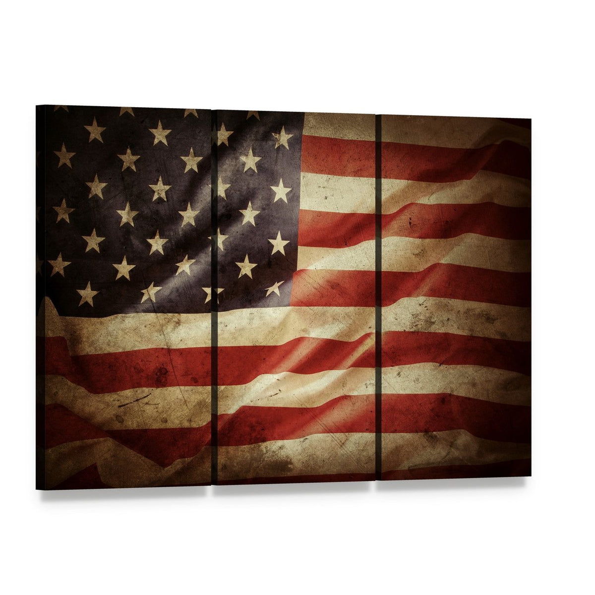 Grunge American Flag Close-up Canvas Wall Art, 3 panel 3 Horizontal layout gallery wrapped canvas set, angled product view
