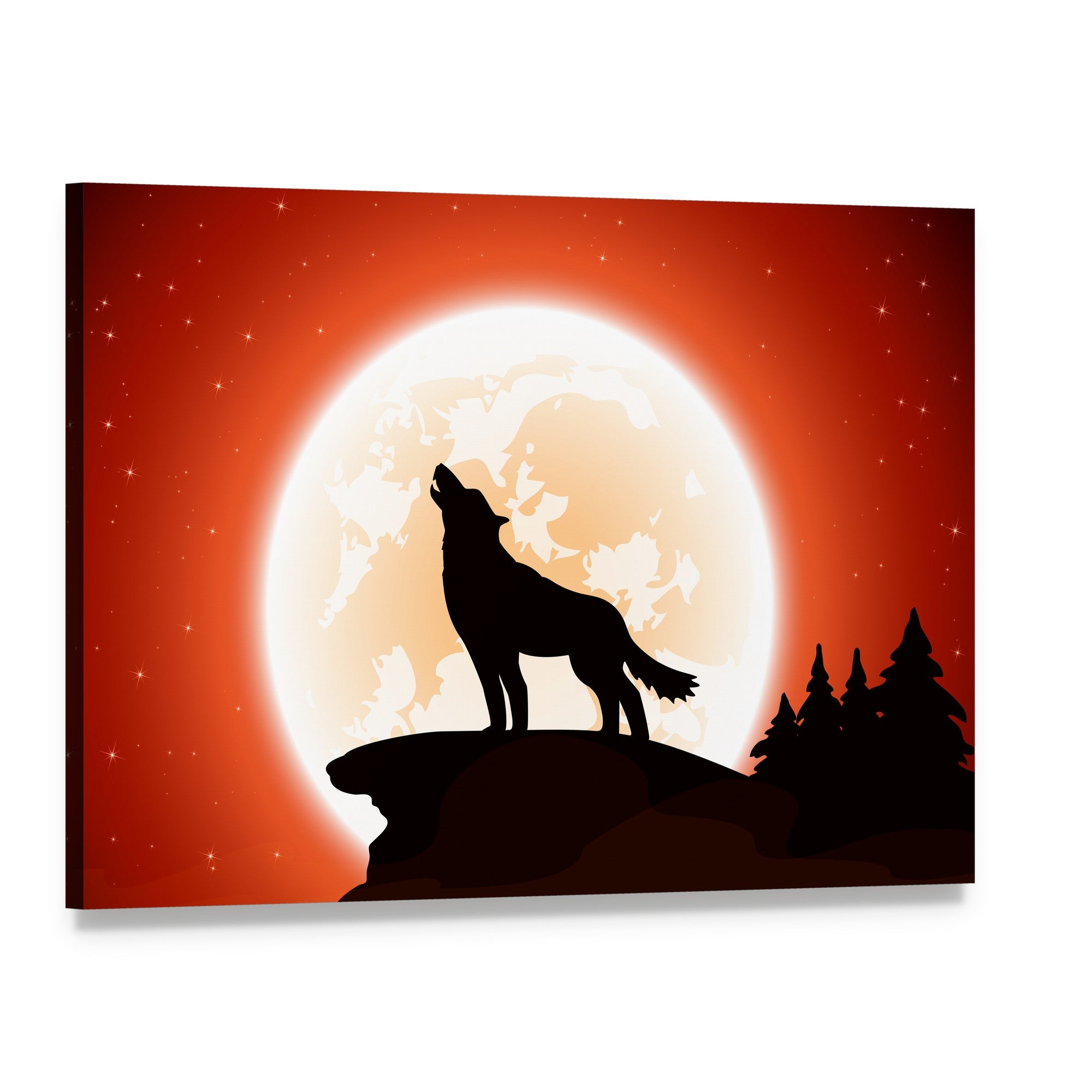 Howling Wolf Under Glowing Moon Canvas Wall Art, single panel gallery wrapped canvas, angled product view
