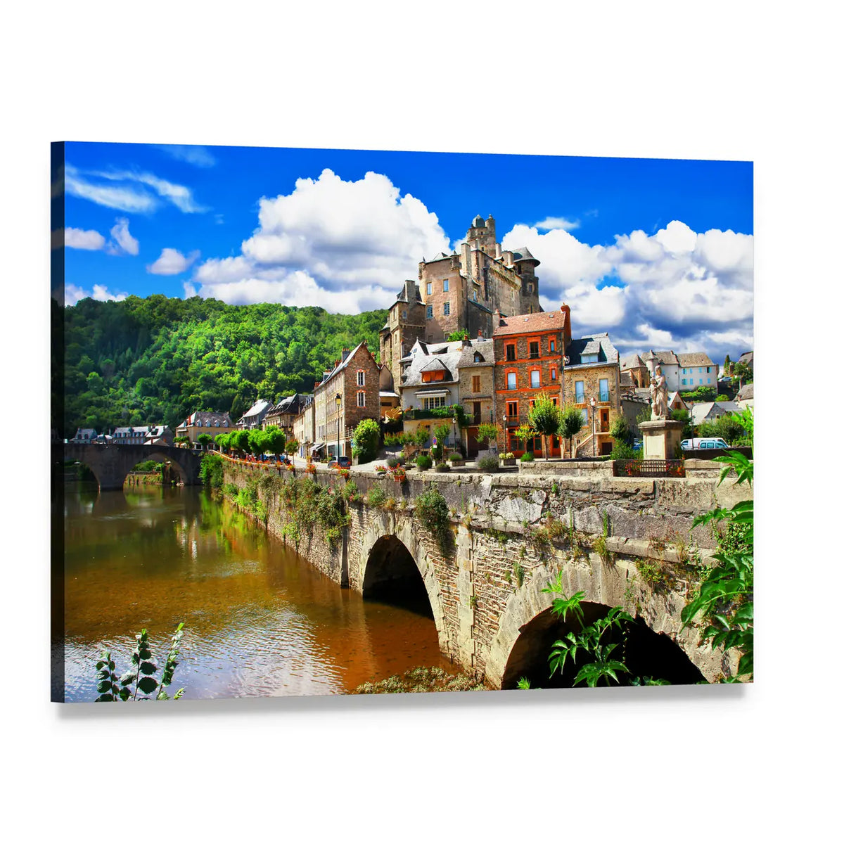 French Village with Stone Bridge and Castle Canvas Wall Art, single panel gallery wrapped canvas, angled product view