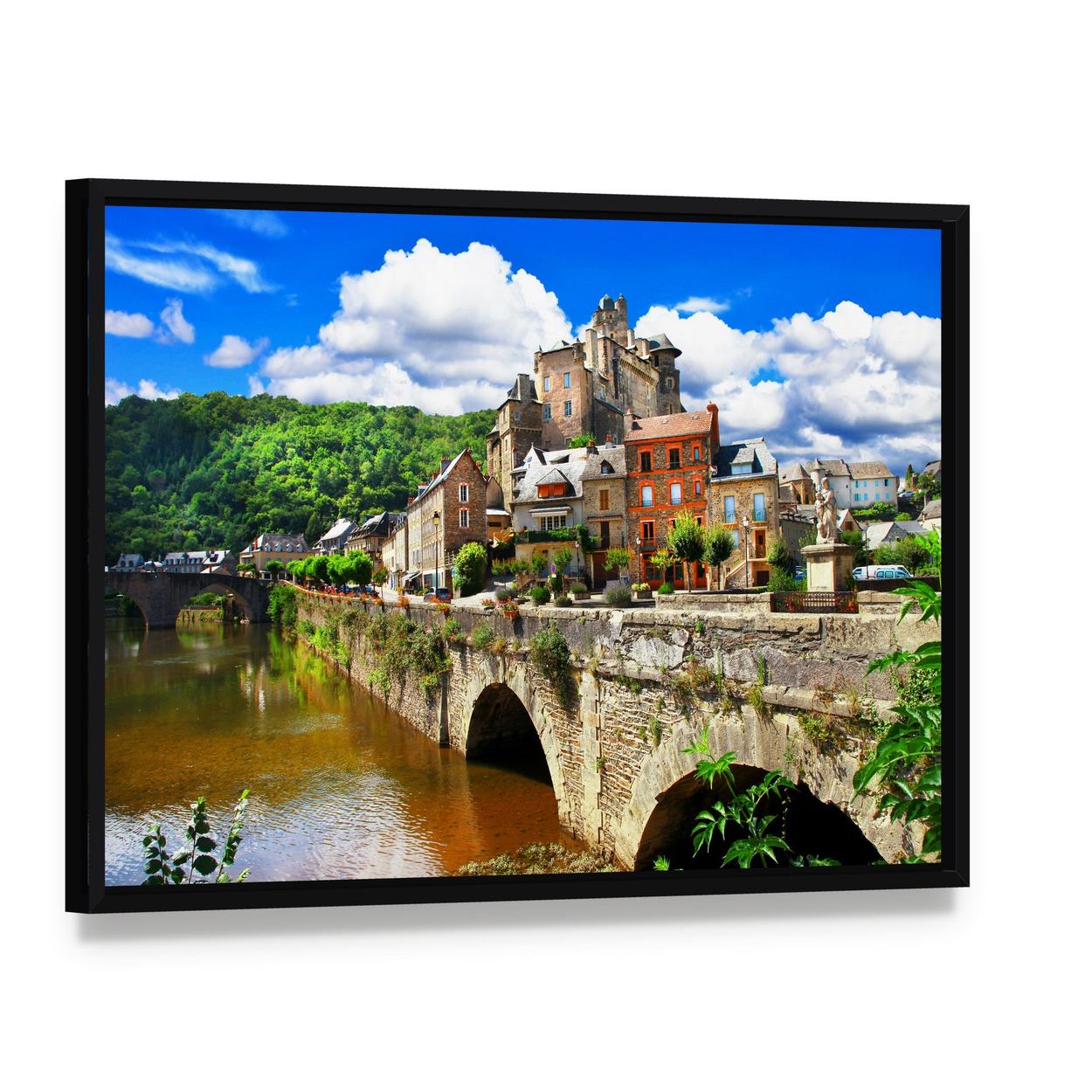 French Hilltop Village with Stone Bridge Canvas Wall Art, framed canvas in a black floater frame, angled product view