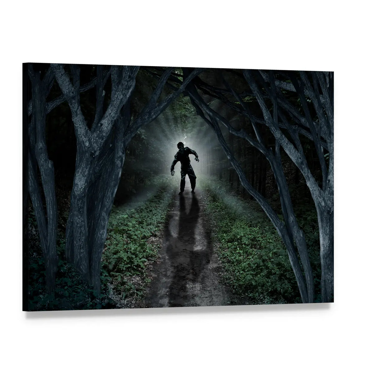 Zombie Silhouette in Dark Forest Canvas Wall Art, single panel gallery wrapped canvas, angled product view
