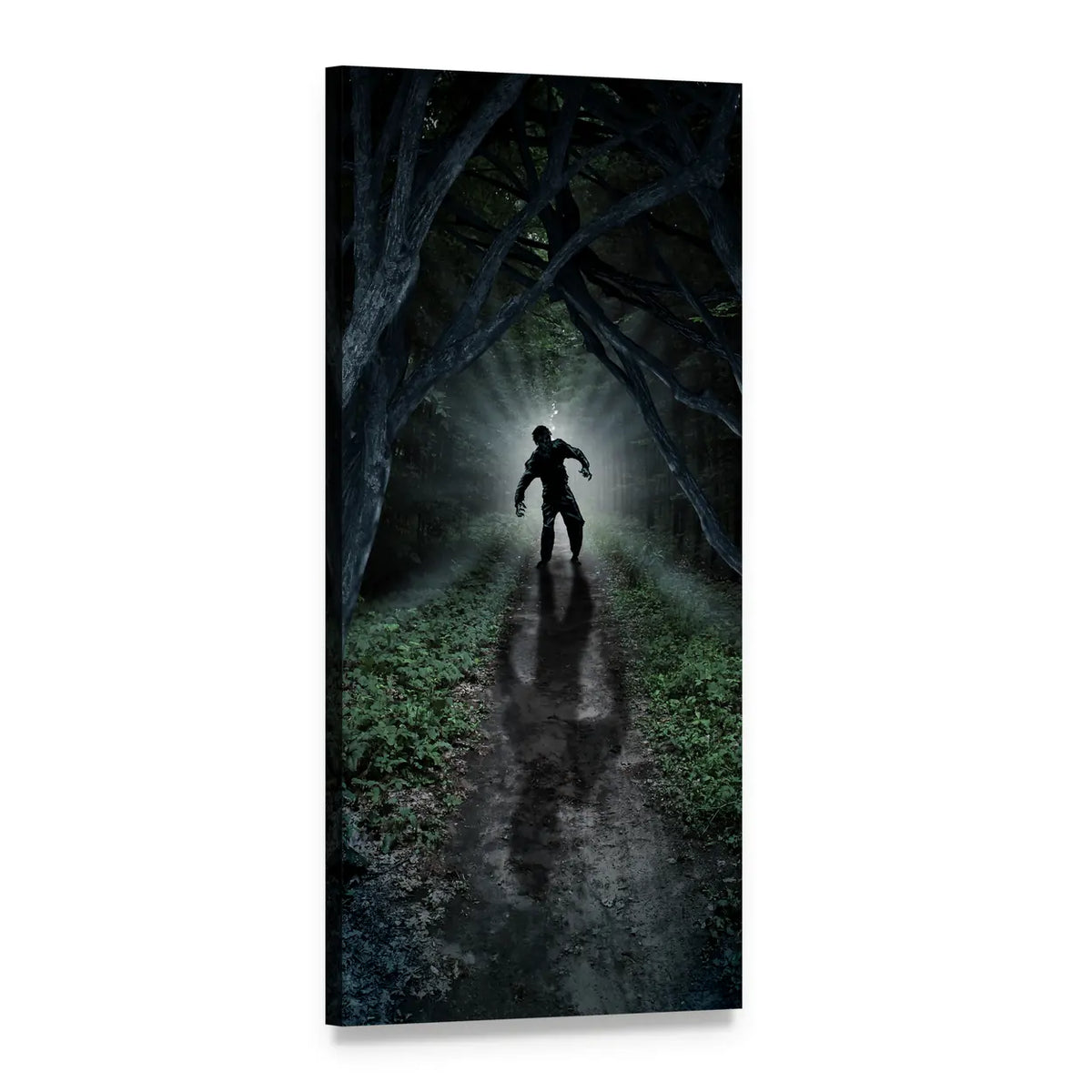 Ghoulish Figure in Dark Forest Vertical Canvas Wall Art, 1 panel 1 Vertical layout gallery wrapped canvas set, angled product view