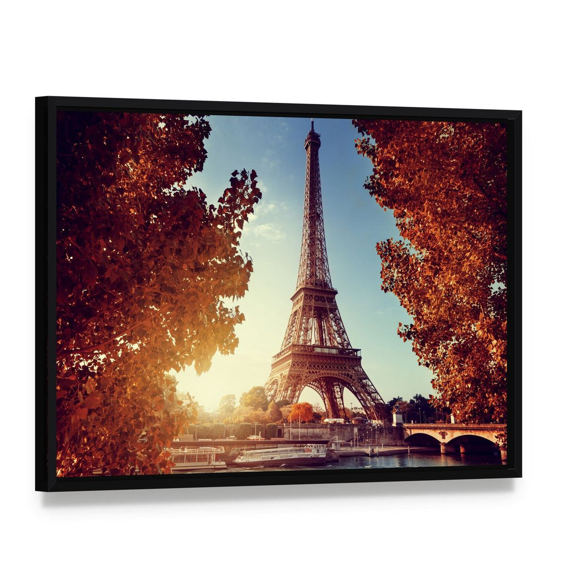 Eiffel Tower in Autumn Canvas Wall Art, framed canvas in a black floater frame, angled product view