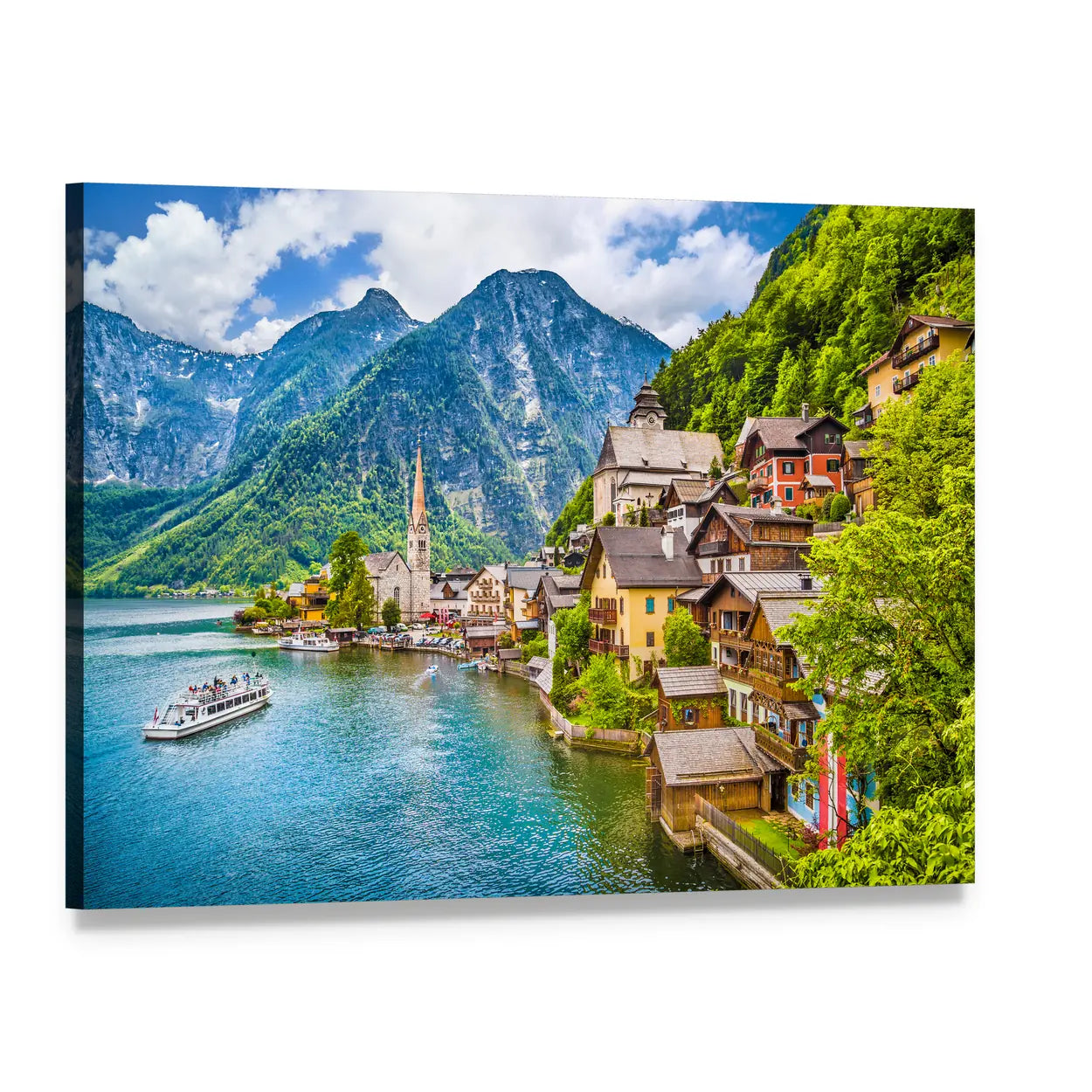 Hallstatt Lakeside Village Canvas Wall Art, single panel gallery wrapped canvas, angled product view
