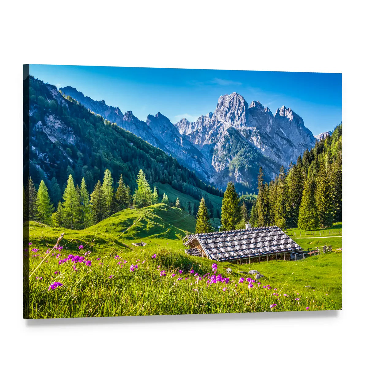 Idyllic Alpine Cabin at Sunset Canvas Wall Art, single panel gallery wrapped canvas, angled product view