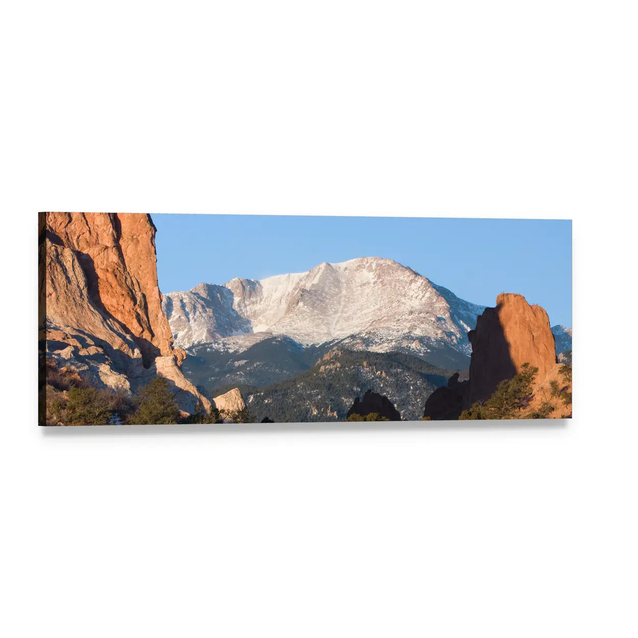 Sunrise Over Snow-capped Peak and Red Rocks Panoramic Canvas Wall Art, single panel gallery wrapped canvas, angled product view