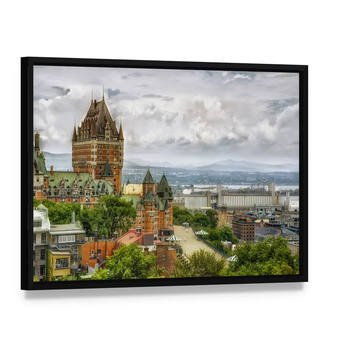 Château Frontenac Aerial View Quebec Canvas Wall Art, framed canvas in a black floater frame, angled product view