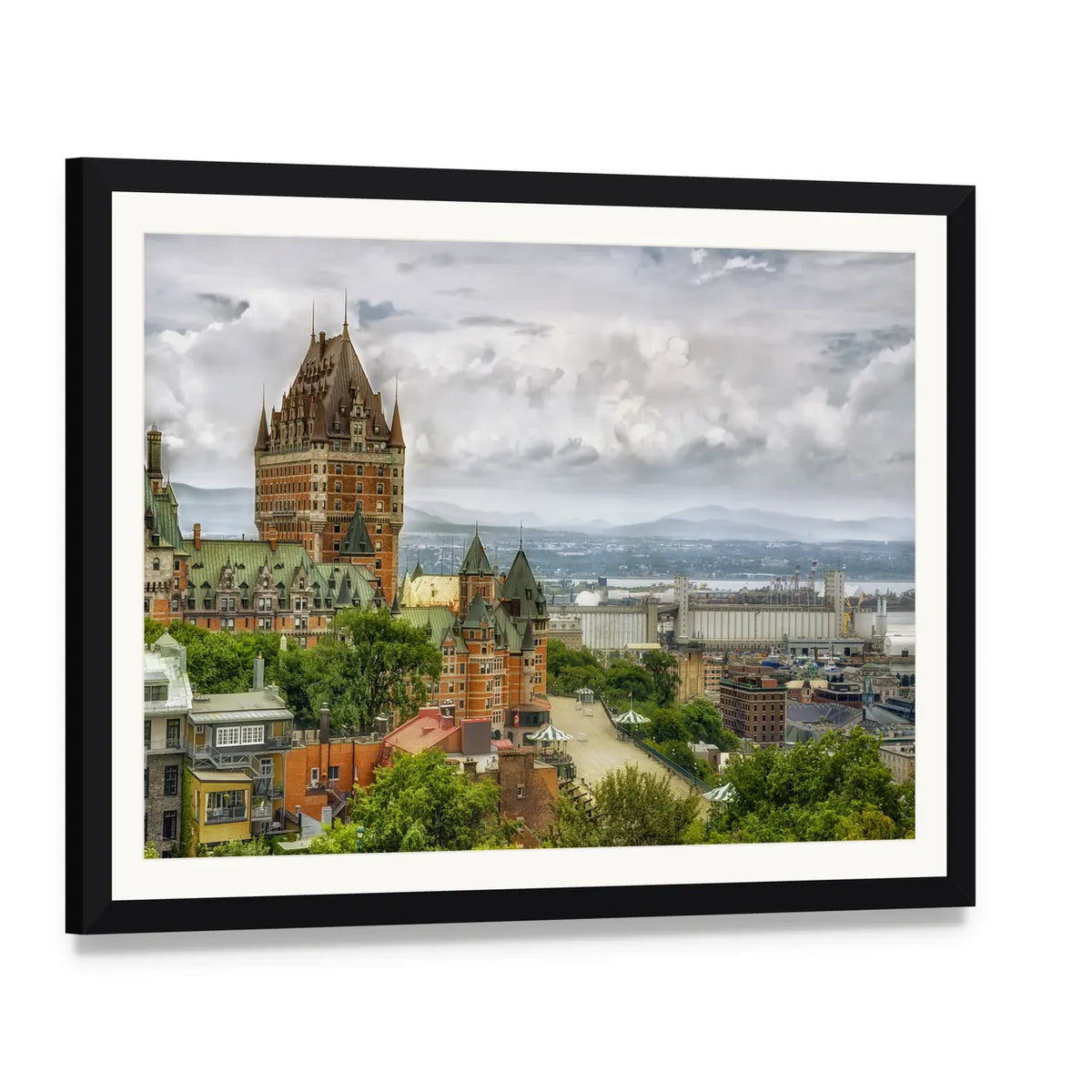Château Frontenac Aerial View Quebec Canvas Wall Art, framed print with white mat and black frame, angled product view