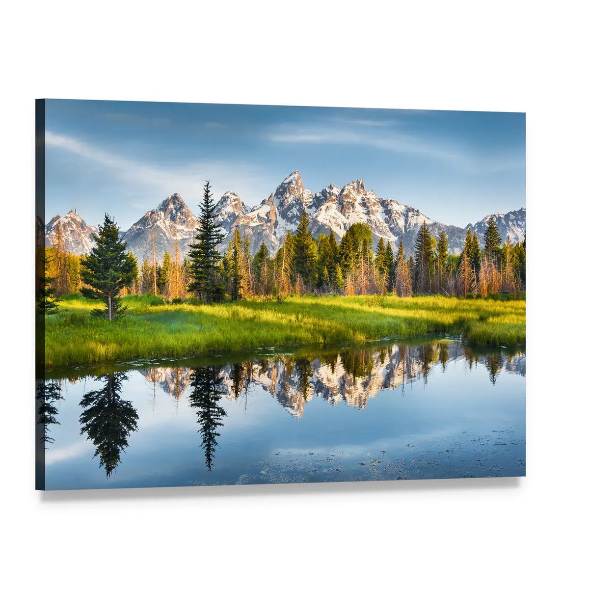 Snow-capped Peaks and Reflective Lake Canvas Wall Art, single panel gallery wrapped canvas, angled product view
