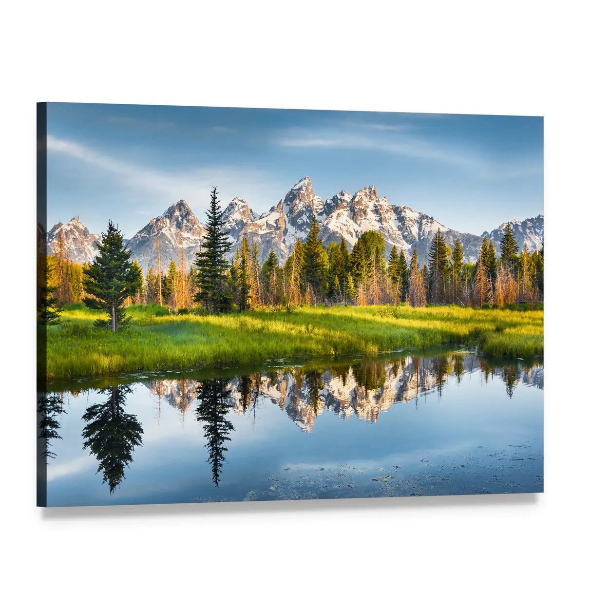 Grand Teton Peaks and Lake Reflection Canvas Wall Art, single panel gallery wrapped canvas, angled product view