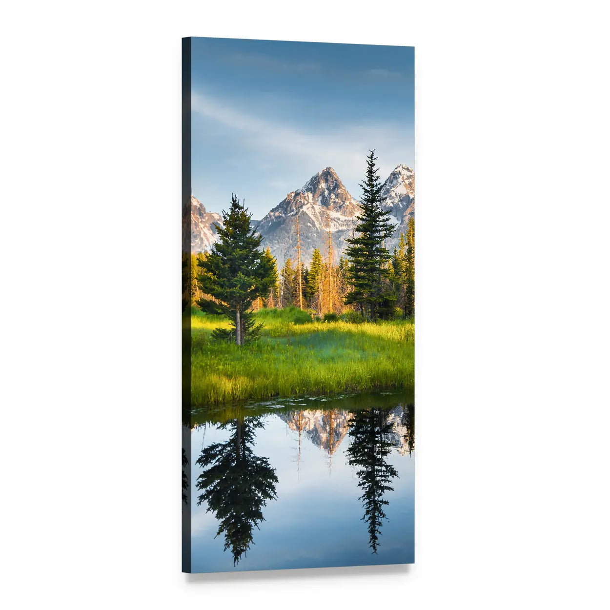 Grand Teton Range with Lake Reflection Vertical Canvas Wall Art, 1 panel 1 Vertical layout gallery wrapped canvas set, angled product view